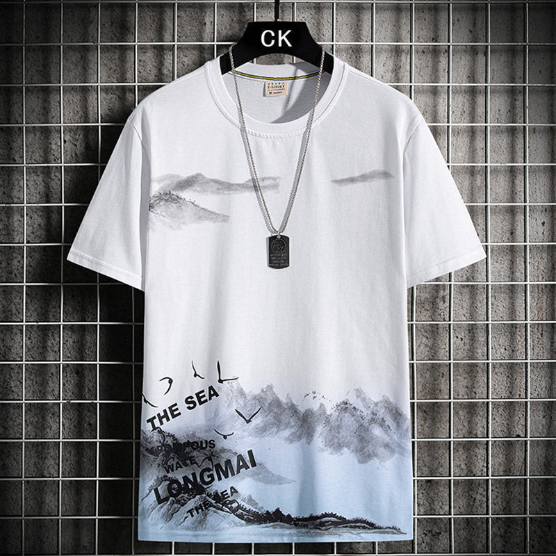Men's Round Neck Loose Print Contrast Short Sleeve T-Shirt