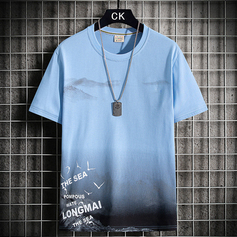 Men's Round Neck Loose Print Contrast Short Sleeve T-Shirt