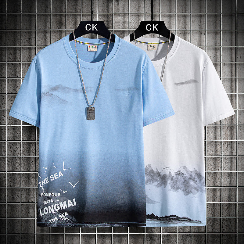 Men's Round Neck Loose Print Contrast Short Sleeve T-Shirt