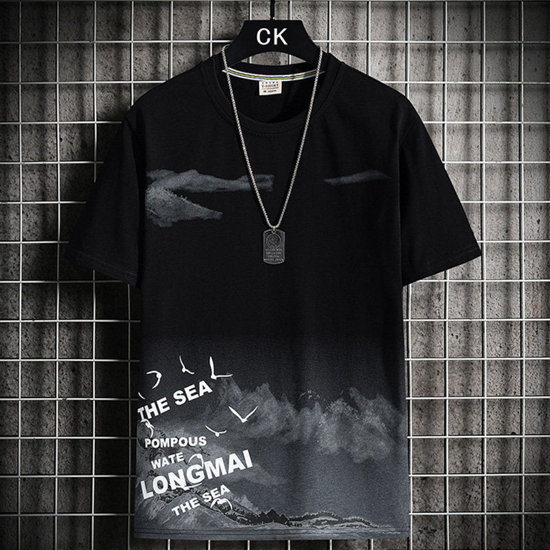 Men's Round Neck Loose Print Contrast Short Sleeve T-Shirt
