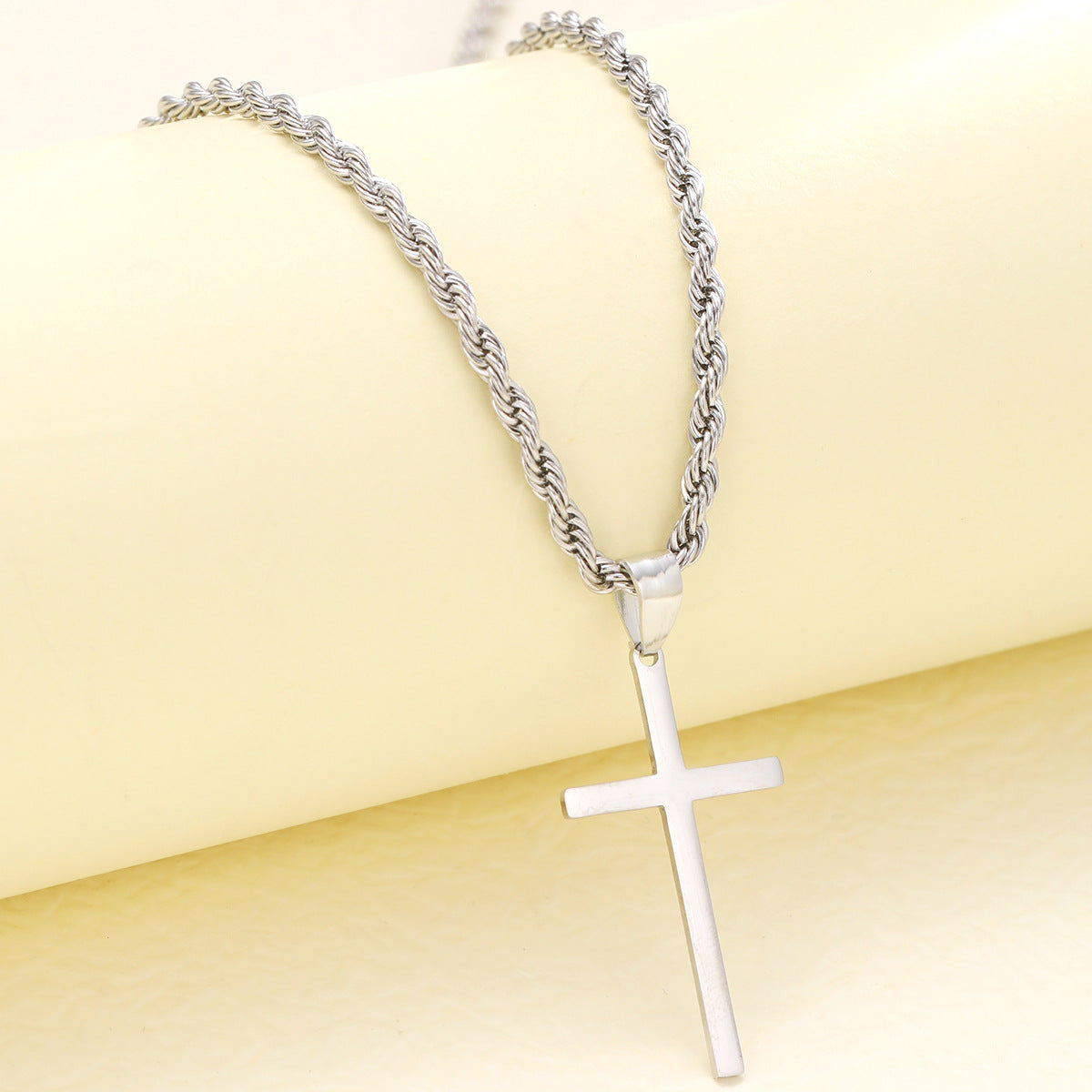 Cold Style Stainless Steel Cross Pendant Hemp Flowers Chain Necklace