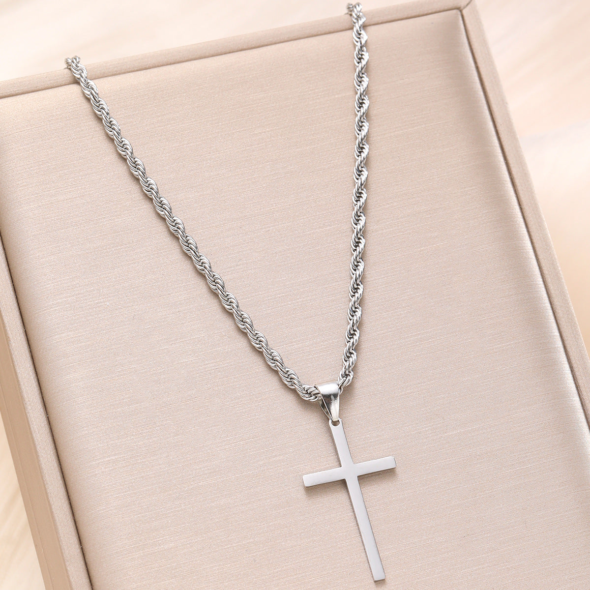 Cold Style Stainless Steel Cross Pendant Hemp Flowers Chain Necklace