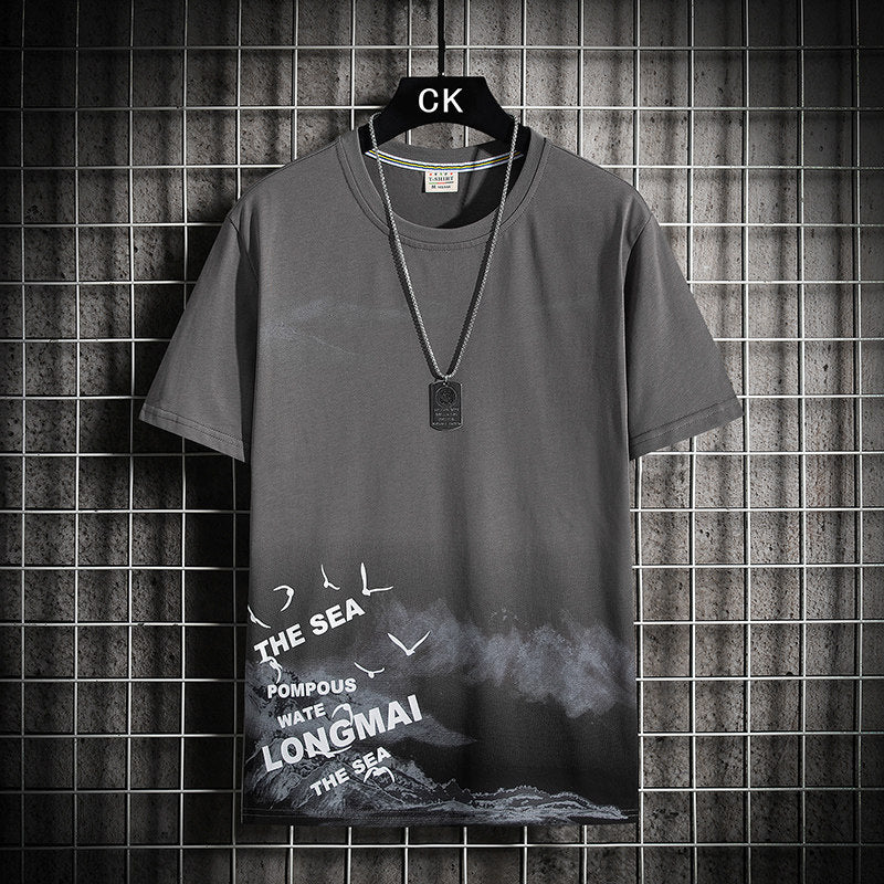 Men's Round Neck Loose Print Contrast Short Sleeve T-Shirt