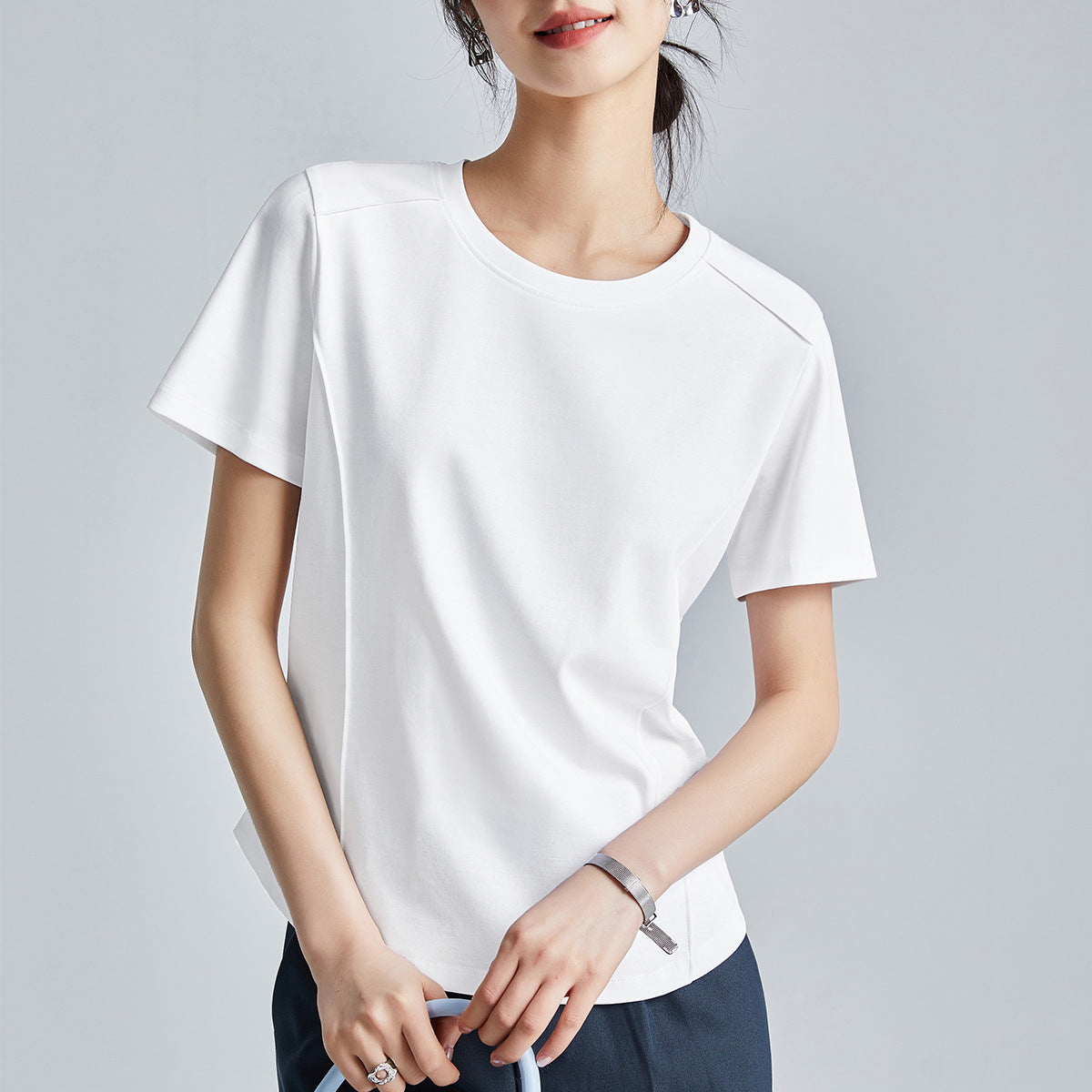 Shoulder T-shirt Mercerized Cotton Round Neck Bottoming Shirt