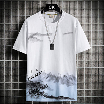Men's Round Neck Loose Print Contrast Short Sleeve T-Shirt