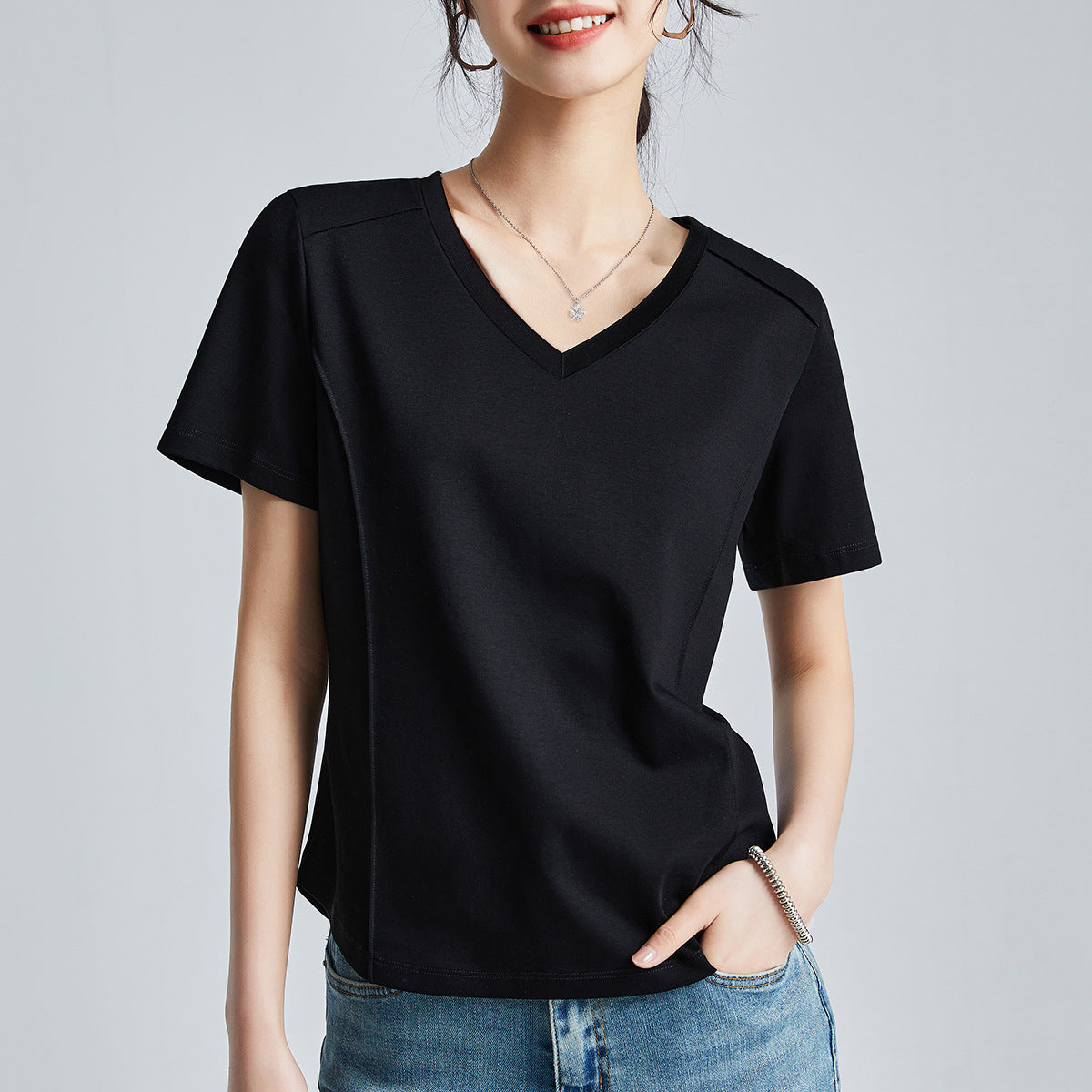 Shoulder T-shirt Mercerized Cotton Round Neck Bottoming Shirt