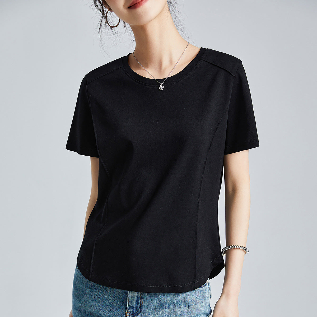 Shoulder T-shirt Mercerized Cotton Round Neck Bottoming Shirt