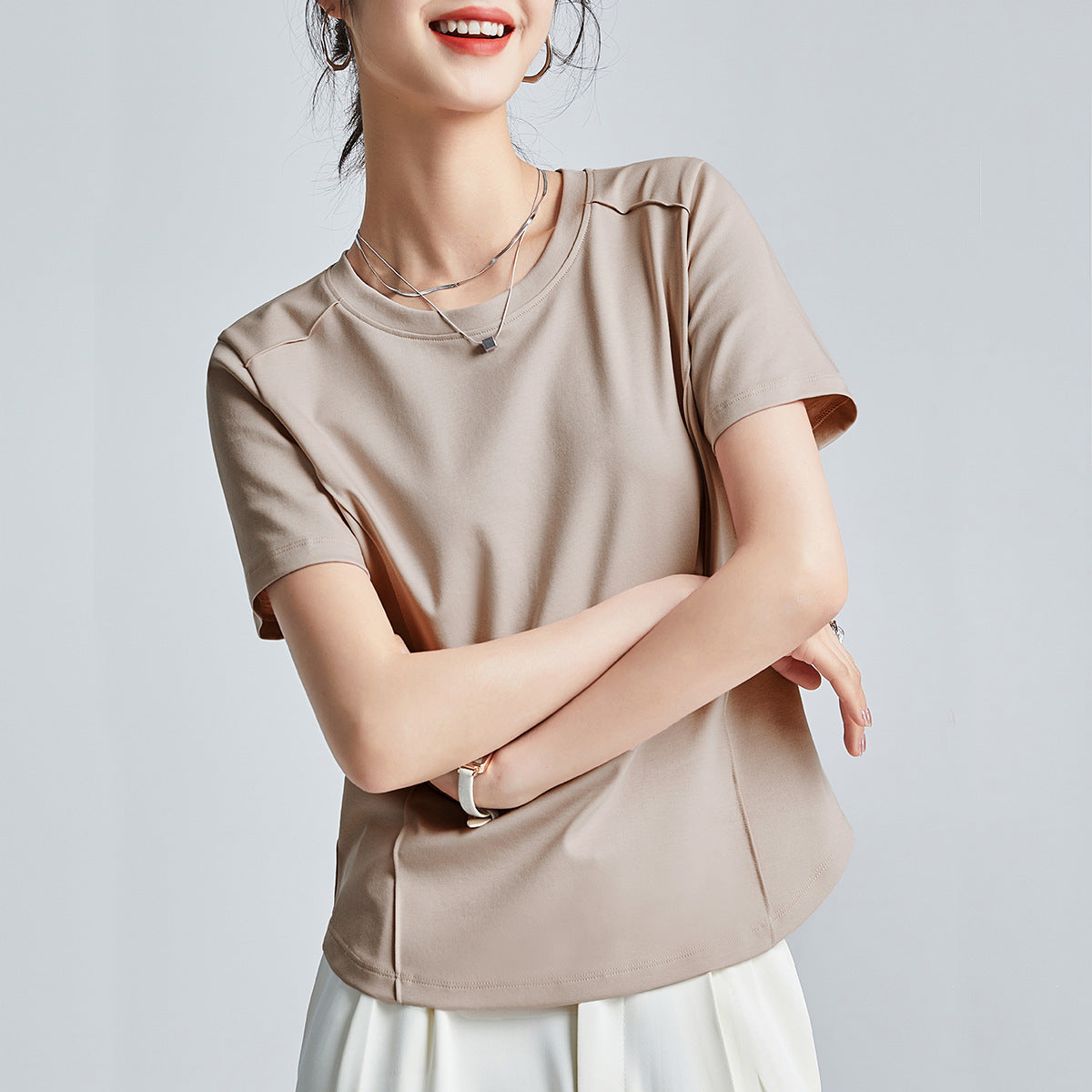 Shoulder T-shirt Mercerized Cotton Round Neck Bottoming Shirt