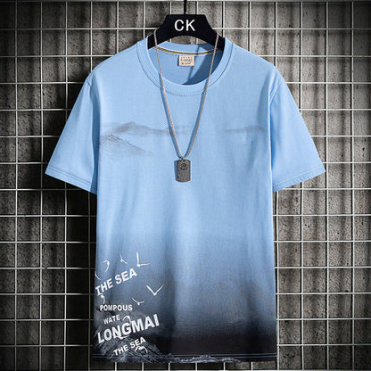 Men's Round Neck Loose Print Contrast Short Sleeve T-Shirt