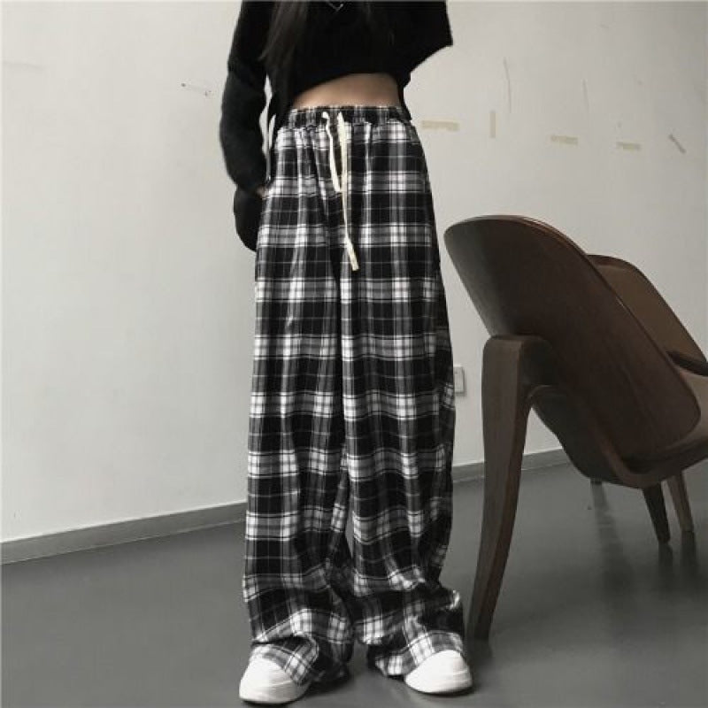 Casual Trousers Black And White Plaid Drape