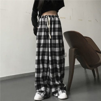 Casual Trousers Black And White Plaid Drape