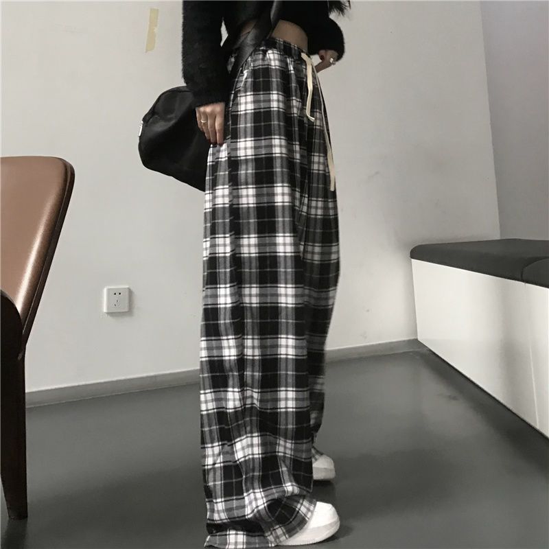 Casual Trousers Black And White Plaid Drape