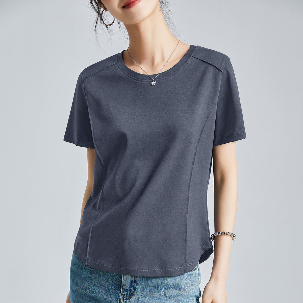 Shoulder T-shirt Mercerized Cotton Round Neck Bottoming Shirt