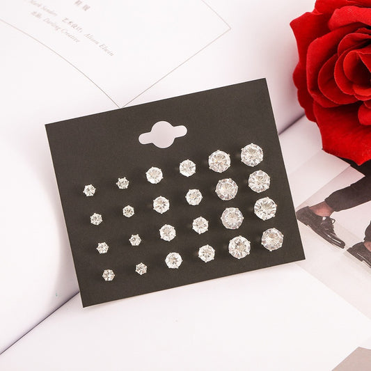 Round Six-claw Crystal Zircon Card Pack 12 Pairs Of Ear Studs