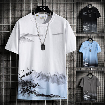 Men's Round Neck Loose Print Contrast Short Sleeve T-Shirt