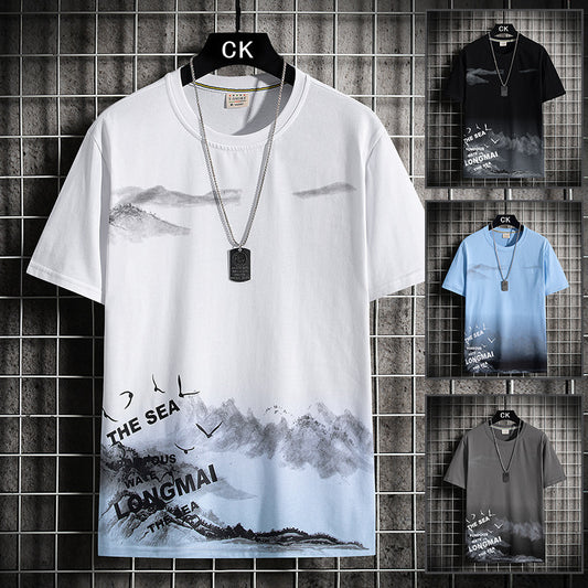 Men's Round Neck Loose Print Contrast Short Sleeve T-Shirt