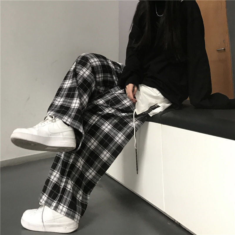 Casual Trousers Black And White Plaid Drape