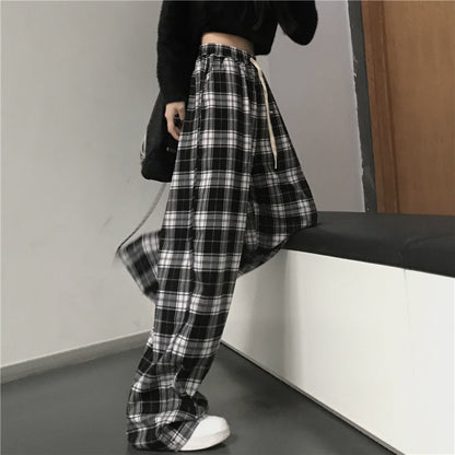 Casual Trousers Black And White Plaid Drape