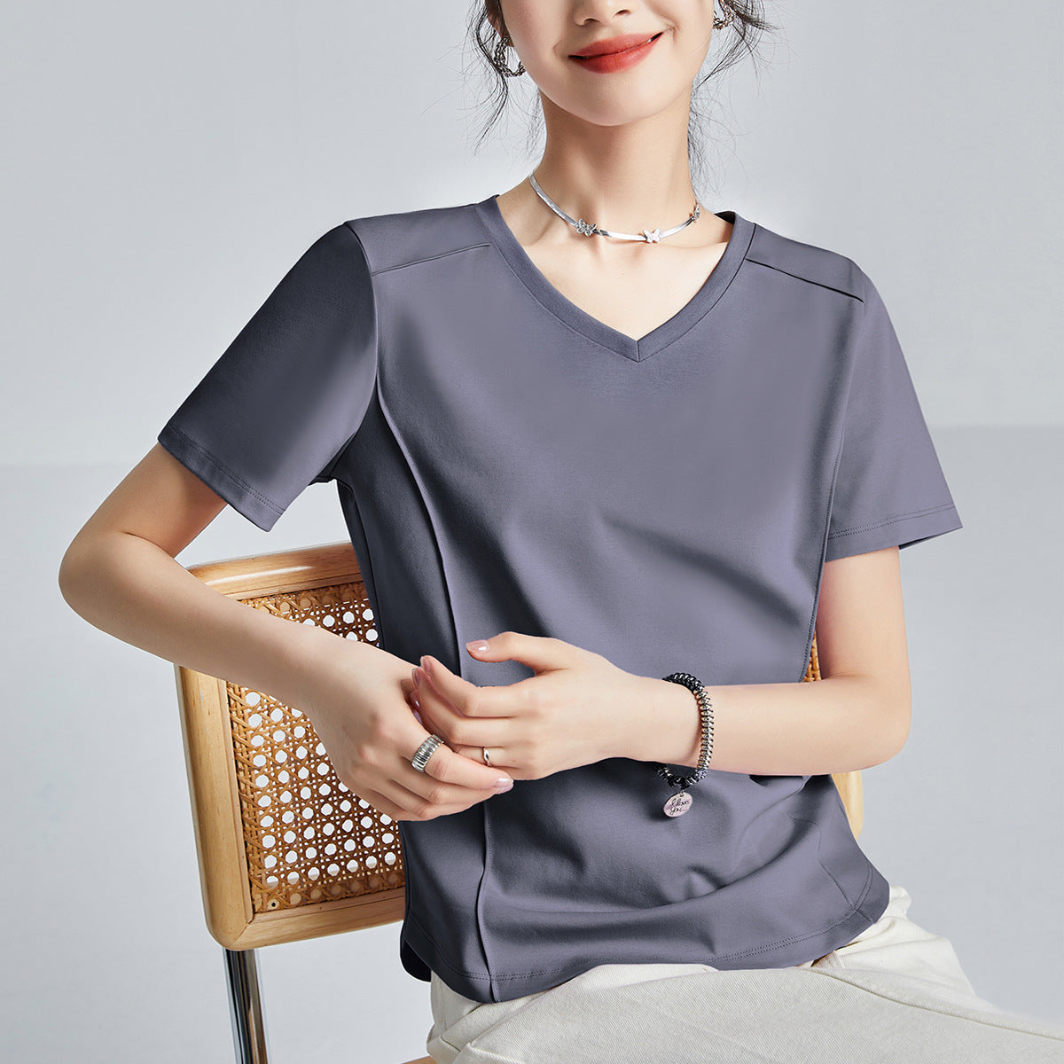 Shoulder T-shirt Mercerized Cotton Round Neck Bottoming Shirt