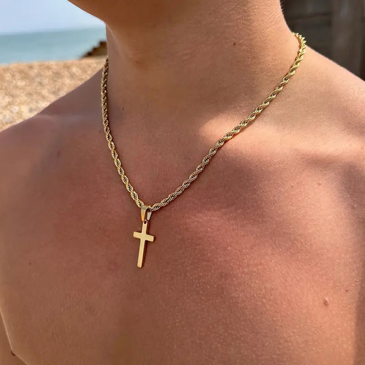 Cold Style Stainless Steel Cross Pendant Hemp Flowers Chain Necklace