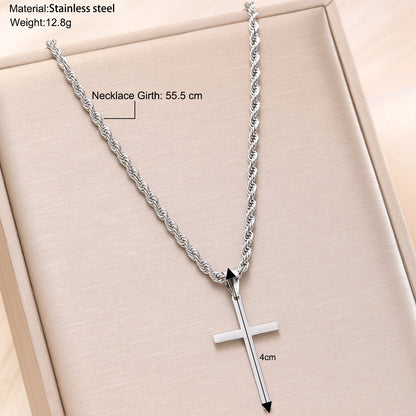 Cold Style Stainless Steel Cross Pendant Hemp Flowers Chain Necklace