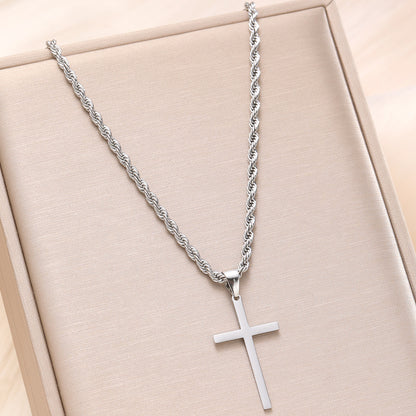 Cold Style Stainless Steel Cross Pendant Hemp Flowers Chain Necklace
