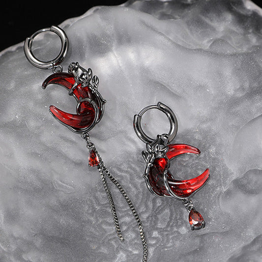 Women's Asymmetric Tassel Winter Red Moon Rose Earrings