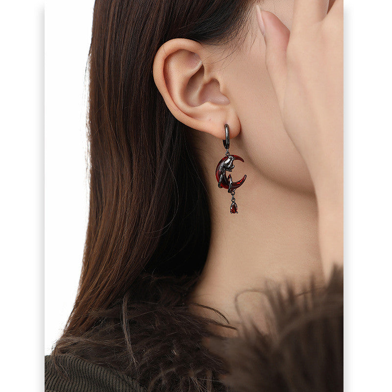 Women's Asymmetric Tassel Winter Red Moon Rose Earrings