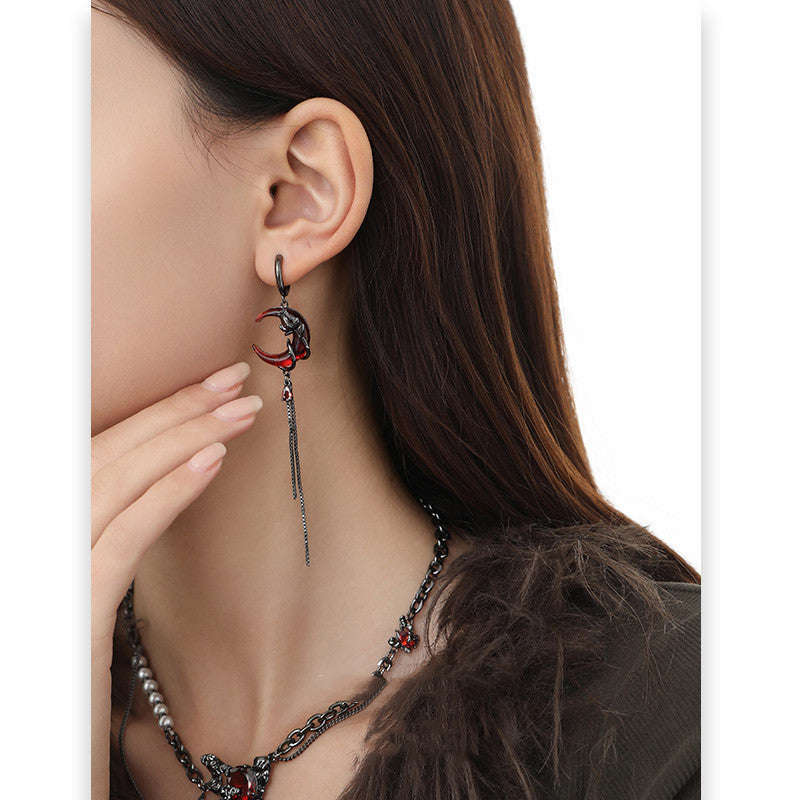 Women's Asymmetric Tassel Winter Red Moon Rose Earrings