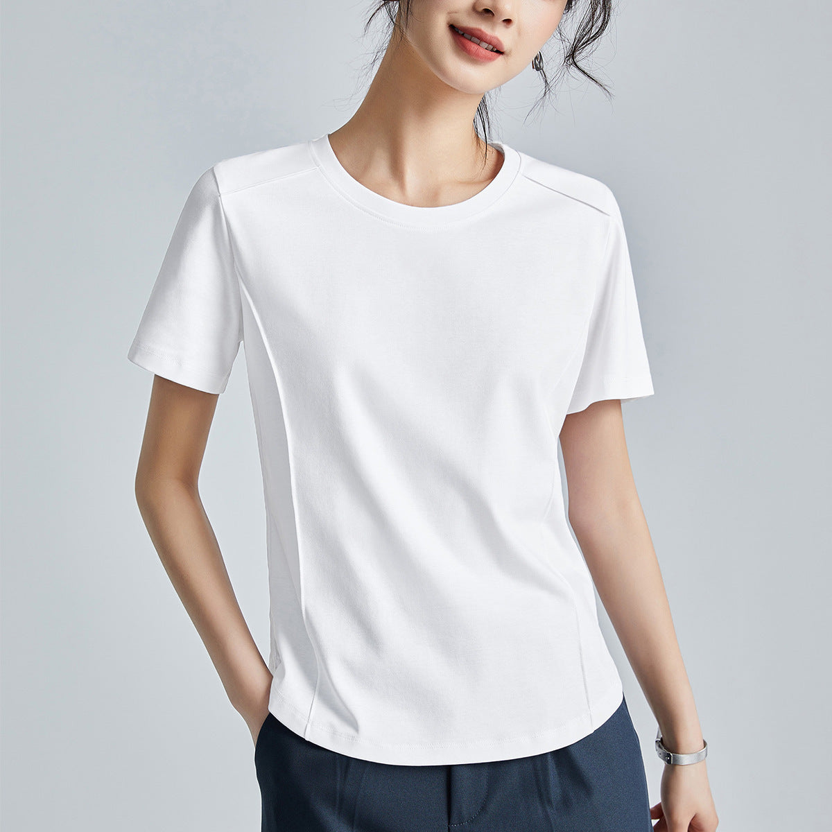 Shoulder T-shirt Mercerized Cotton Round Neck Bottoming Shirt