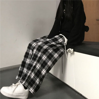Casual Trousers Black And White Plaid Drape
