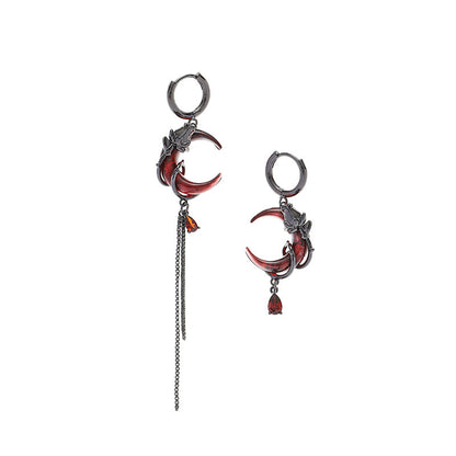 Women's Asymmetric Tassel Winter Red Moon Rose Earrings