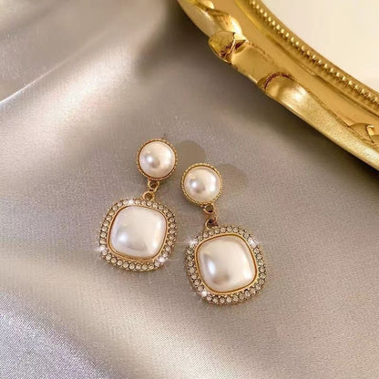 Square Pearl Metal Alloy Earrings