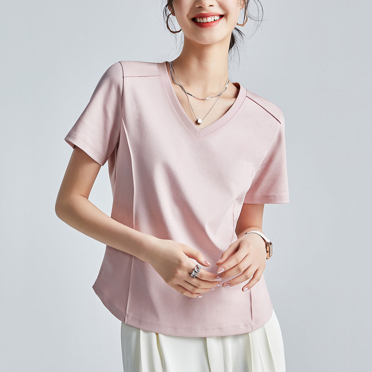Shoulder T-shirt Mercerized Cotton Round Neck Bottoming Shirt